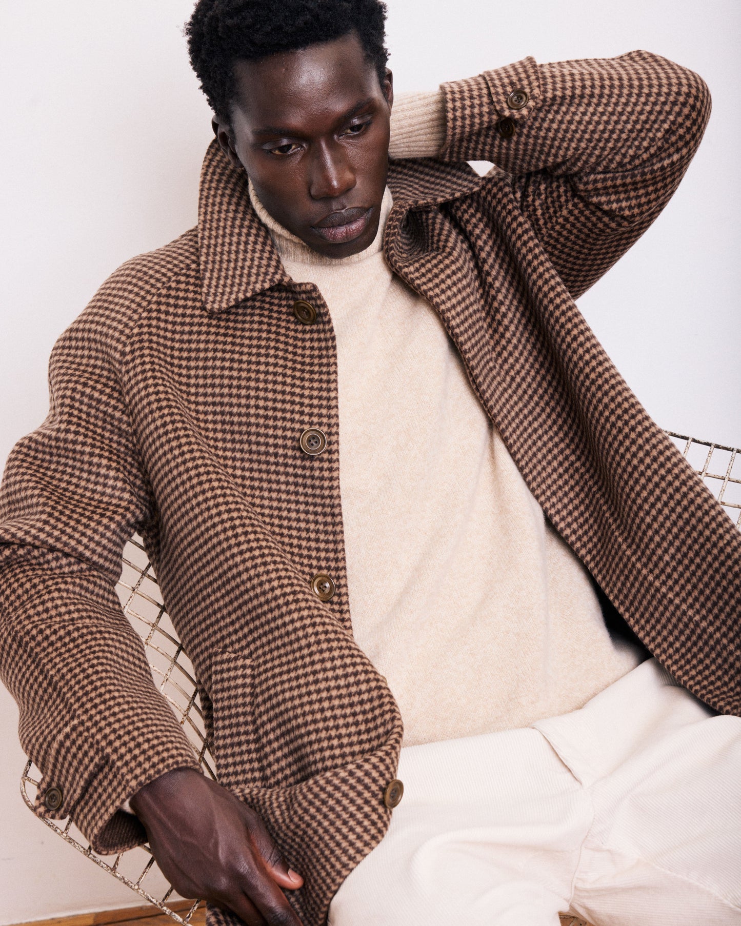 Manteau Homme en Laine Double Face pied-de-poule Marron Graig