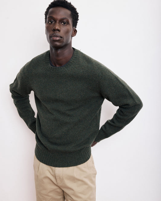 Pull Col Rond Homme en Laine Shetland Vert Militaire