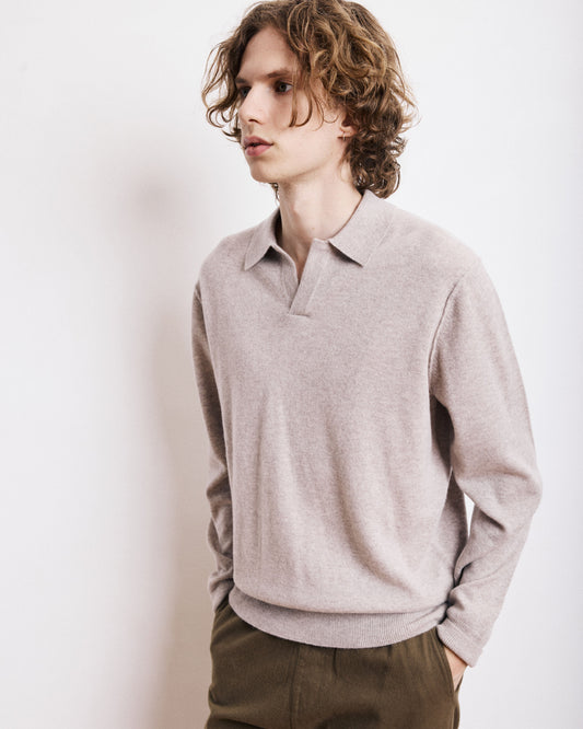 Pull Col Polo Homme en Laine & Cachemire Beige
