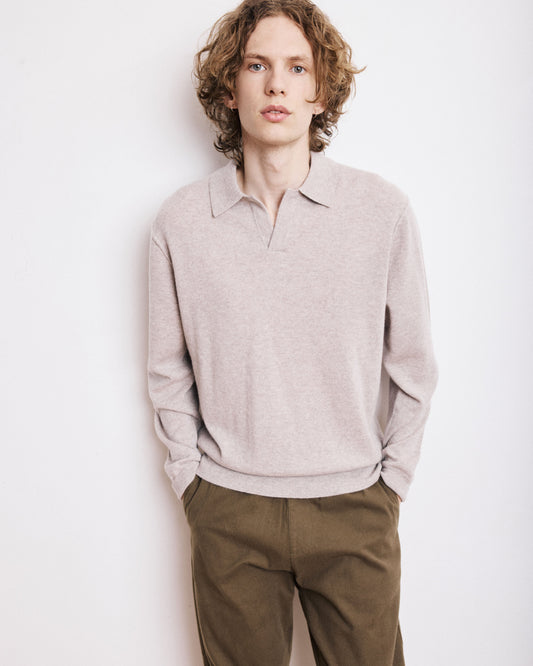 Pull Col Polo Homme en Laine & Cachemire Beige