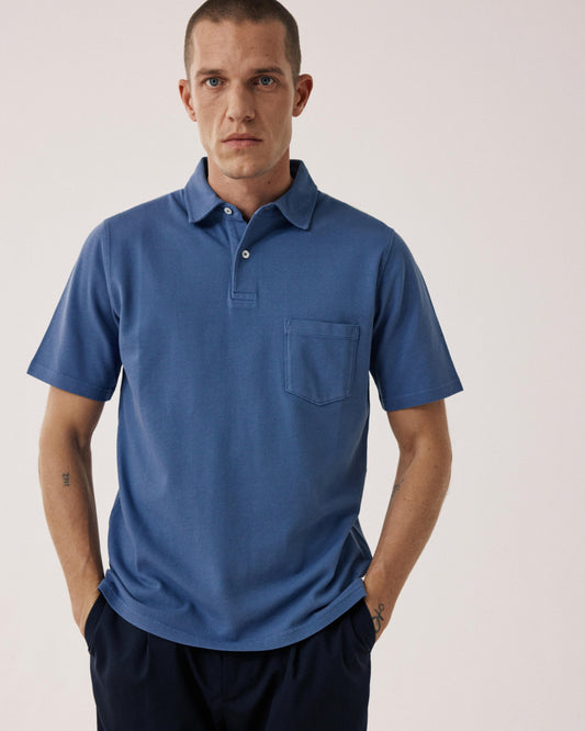 Polo Homme en Coton Piqué Bleu Denim