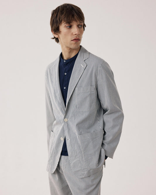 Veste Homme en Seersucker Bleu Marine & Ecru Julian