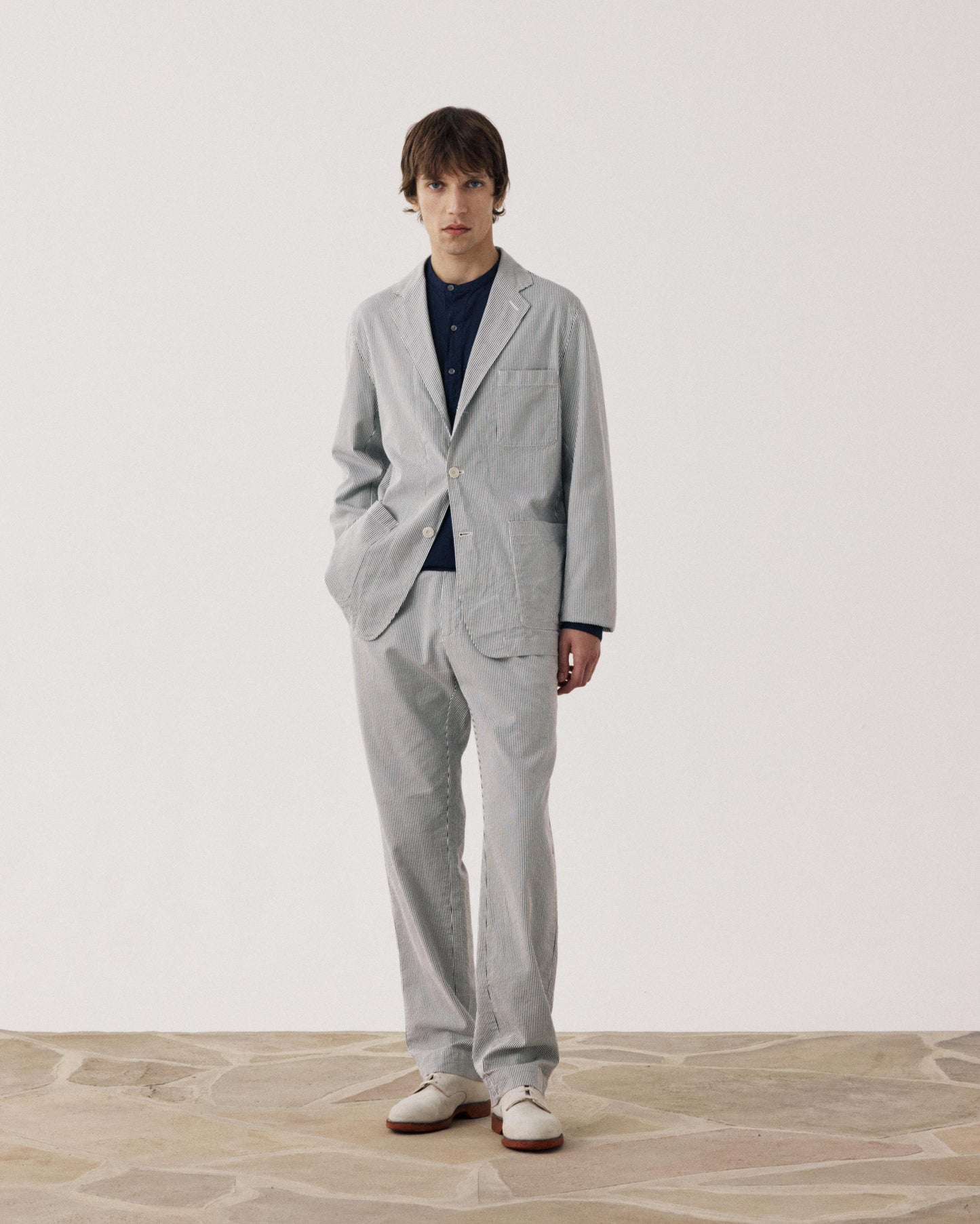 Veste Homme en Seersucker Bleu Marine & Ecru Julian